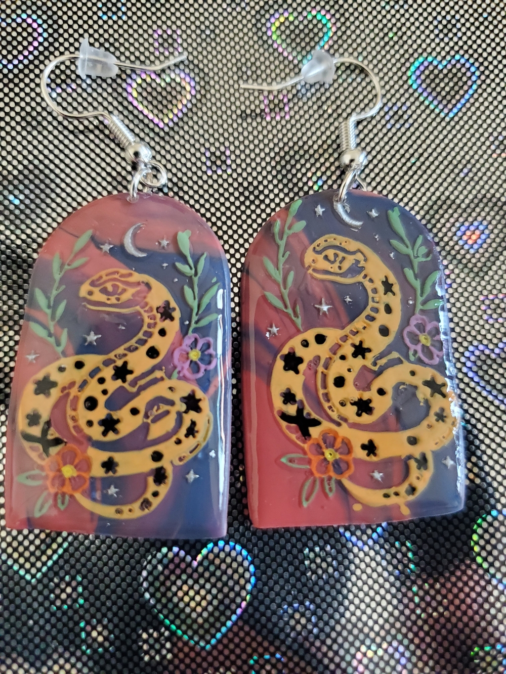 Handmade Snake Dangle Earrings with Floral Detail
